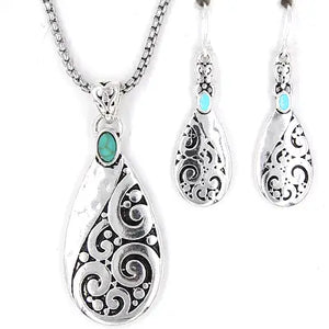 Filigree Turquoise Teardrop Metal Pendant Set