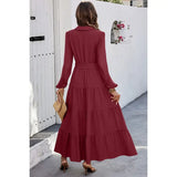 Color Block Belt Button Ruffle Solid Full Dress