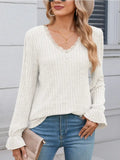 Solid Color Pit Stripe Brushed V-Neck Long Sleeved Top