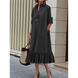 A-Line Long Sleeve Lapel Midi Dress - Solid Color
