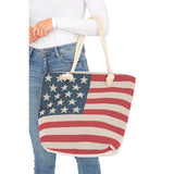 American Flag Zippered Burlap Canvas Tote Bag