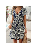 Deep V Neck Allover Print Ruffle Tassel Dress