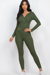 Ribbed Zip Front Long Sleeve Top & Leggings Set-OLIVE COLOR