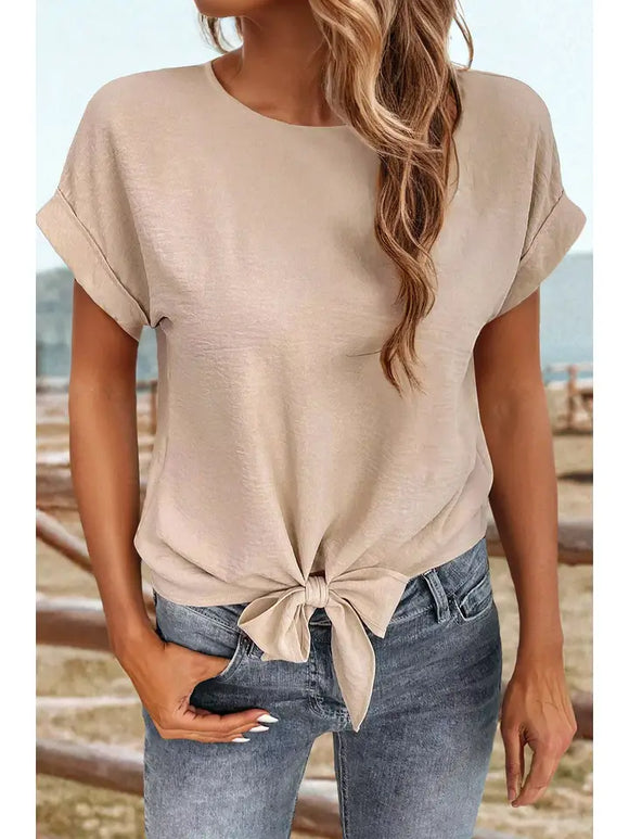 Fashion-W Solid Color Knot Front Crinkled Blouse