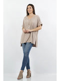 Rolled Sleeve Side-Slit V-Neck Top