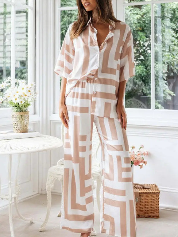 Print Collar Shirt & Wide Leg Pants Set