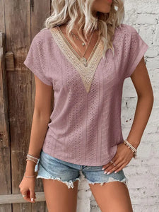 V Neck Lace Edge Eyelet Pattern Top