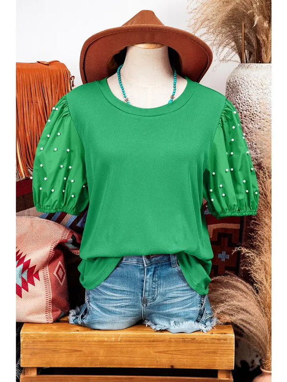 Fashion-W Ribbed Pearl Beaded Puff Sleeve Top