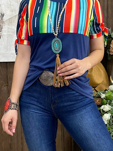 Navy Blue Women Top W/Multi Color Serape Print