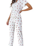 Lace Trim Red Cherry Print Top Lounge Pajama Valentines Set