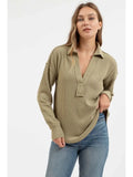 Split Neck Long Sleeve Exposed Seam Knit Top