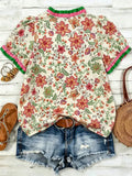 Boho Western Contrast Ruffle Trim V-Neck Floral Print Top