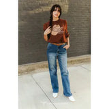 Medium Wash Horse Printed back Pocket boyfriend Jeans