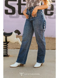 Stone Wash Rhinestone Cargo Barrel High Rise Jeans
