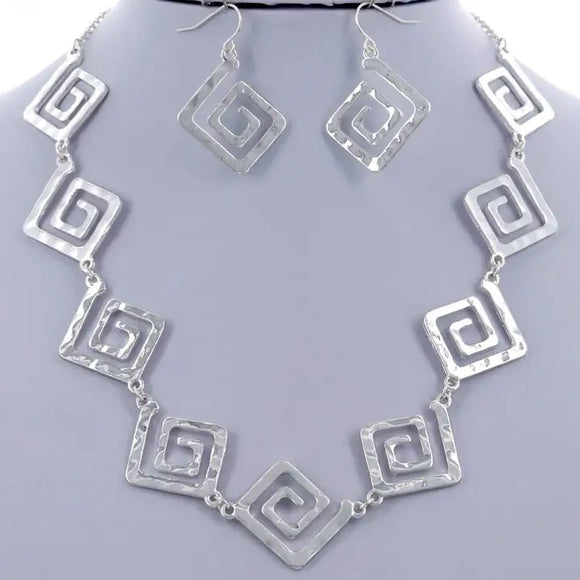 Silver Square Swirl Spiral Link Necklace Set