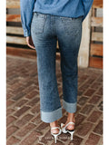 Mid Wash Cuffed Boyfriend Jeans W Studded Pocket