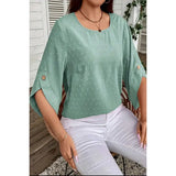 Solid Swiss Dot Round Neck Loose Button Trim Top