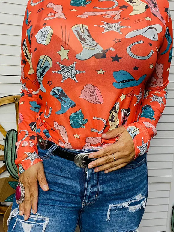 Coral Boots Western Printed Long Sleeve Top