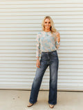P Mid Wash Rhinestone Studded Mid Rise Western Flare Jeans