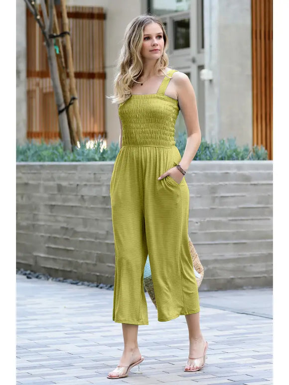 Smocked Top Striped Jumpsuit with Pockets