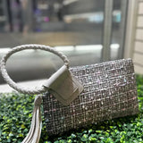 Tweed Cuff Handle Tassel Wristlet/Clutch