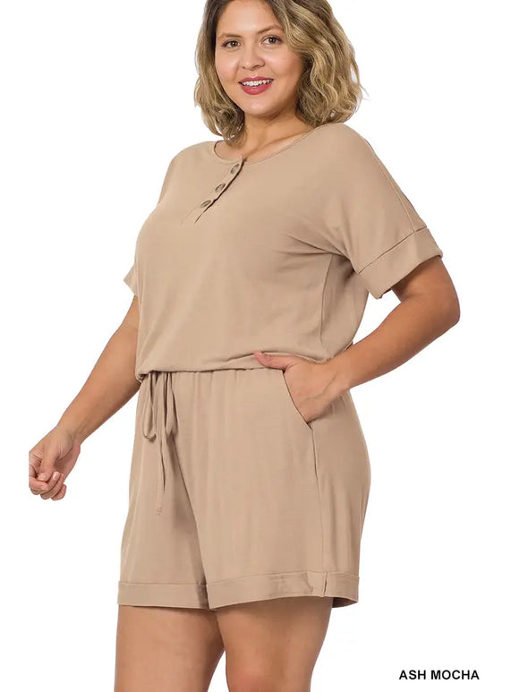Plus Short Sleeve Romper with Pockets