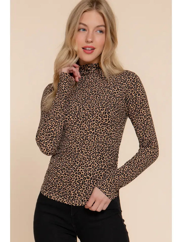 Long Sleeve High Neck Animal Print Knit Top