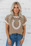 Western Horseshoe Contrast Trim Short Sleeve Sweater