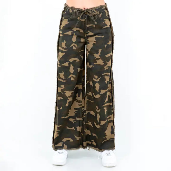 Camouflage Frayed Edge Wide Leg PANTS-