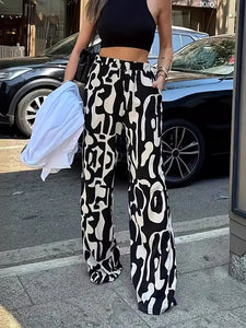 High Waisted Loose Contrast Color Elasticity Printed Split-Joint Pants Trousers