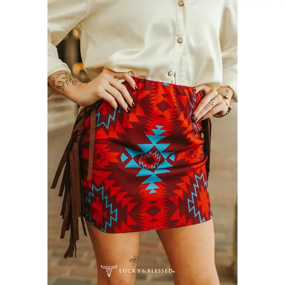 Red Aztec Printed Brown Suede Skirt W Side Fringe