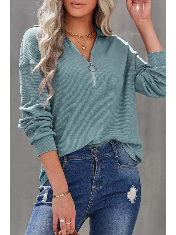 Solid Knit Lapel Half Zip Long Sleeve Pullover
