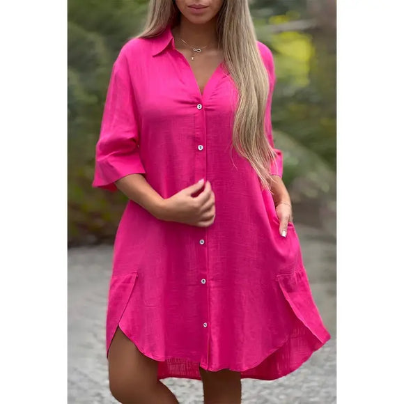 Plus A Line Button Loose Fit Pockets Solid Dress