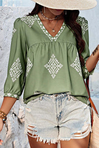 3/4 Sleeve Vintage Floral Print V-Neck Top AXR108