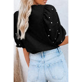 Rhinestone Pearl Puff Half Sleeve Top