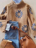 Khaki Floral Knit Sweater Women Ribbed Pattern