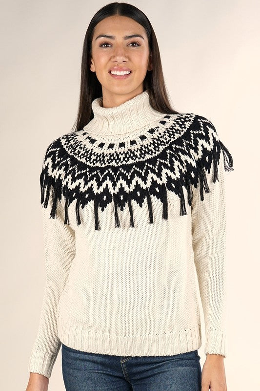 Ivory and black tassel turtleneck sweater