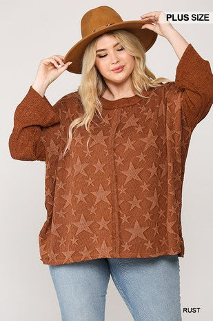 Star Textured Terry Boat Neck Top Rusted Orange