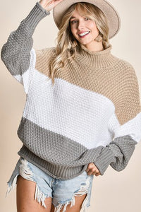 Knitted texture color block high neck sweater
