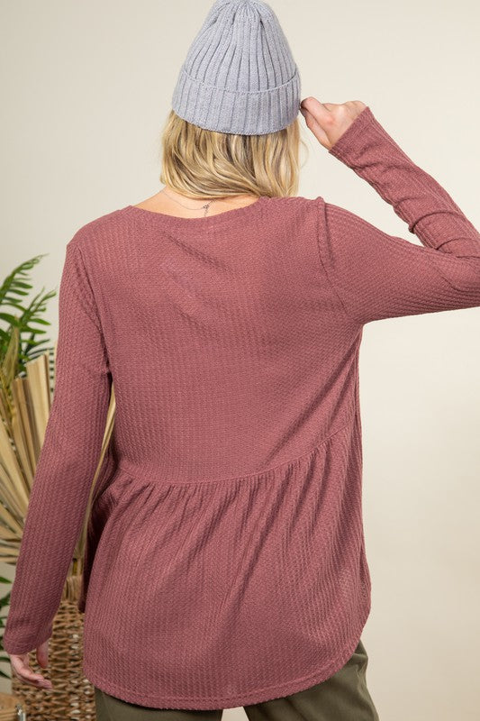 Solid waffle knit button down top