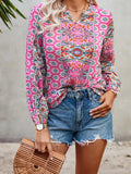 V NECK LONG SLEEVE GRAPHIC LOOSE TOP