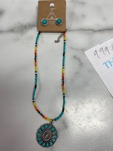 Multicolor beaded necklace w/Turquoise pendant and earrings