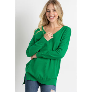 Kelly Green front seam high low v neck pullover