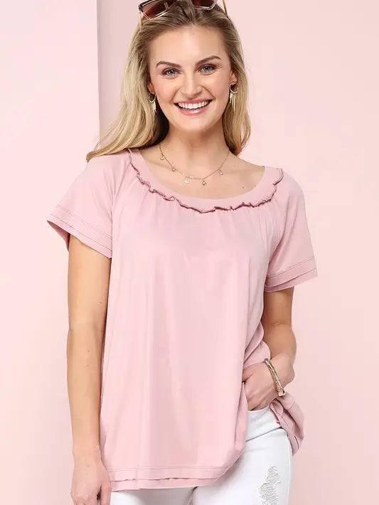 Short Sleeve Top with Shirring Detailed Neck